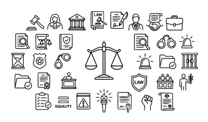Fototapeta premium law, legal, justice, court, lawyer, attorney, scales, judge, icons, judicial, courthouse, rights, contract, compliance, protection, legislation, evidence, jury, document, litigation, lawfirm, governan