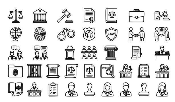 law, justice, legal, court, lawyer, attorney, icons, judge, gavel, courthouse, scales, judicial, contract, document, compliance, protection, rights, evidence, jury, constitution, litigation, notary, c