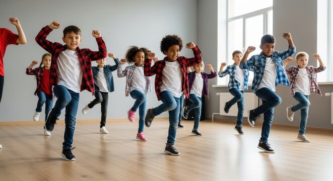 Diverse Group of Happy Children Practicing Synchronized Dance Routine