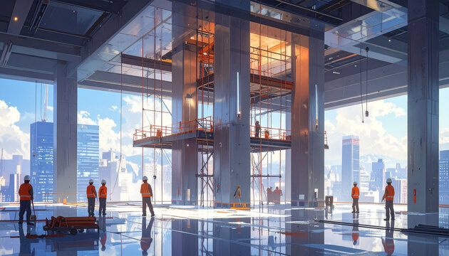 Modern urban skyscraper construction site with team of workers