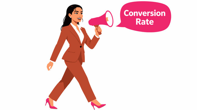 Businesswoman holding megaphone with conversion rate text.