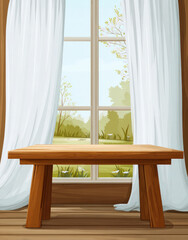 Obraz premium A wooden table is placed in front of a window with white curtains, showing an outdoor green view outside.
