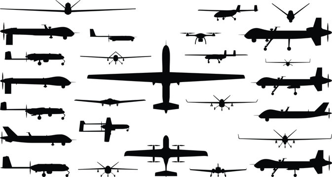 Military drone silhouettes set featuring unmanned aerial vehicles uav surveillance aircraft and quadcopter vector vectors