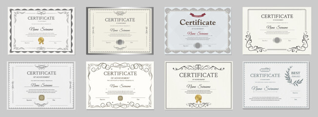 Certificate template set. Eight elegant horizontal black and white diplomas with classic ornate borders and vintage guilloche frames. Fully editable vector layout for corporate and school awards. © Uliya