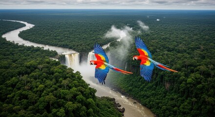 Fototapeta premium Two Scarlet Macaws Flying Over a Majestic Waterfall in the Heart of a