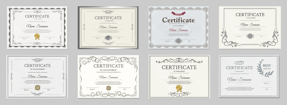 Certificate template set. Eight elegant horizontal black and white diplomas with classic ornate borders and vintage guilloche frames. Fully editable vector layout for corporate and school awards.
