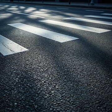 White zebra crossing stripes on asphalt road with tree shadows