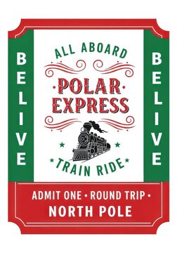 Vintage Christmas Polar Express Train Ride Ticket Illustration with Re