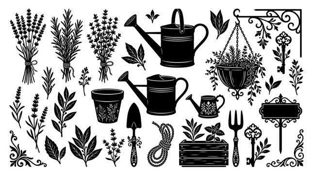 Gardening tools and plants icons set.