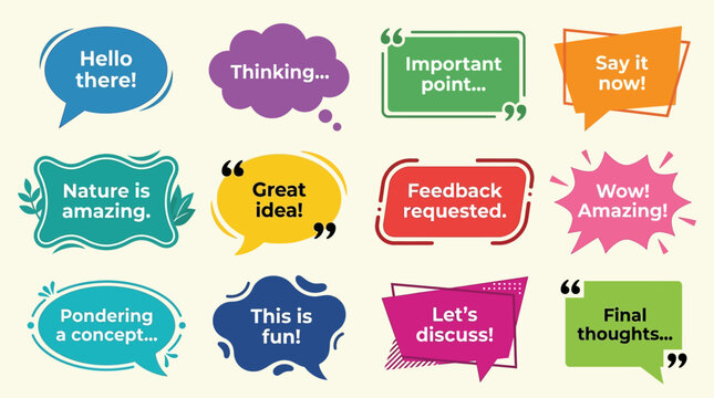 Collection of colorful speech bubbles with phrases.