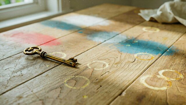 Vintage key on rustic wooden table with colorful light reflections
