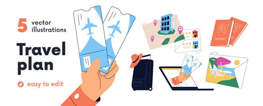 Travel plan set. Online flight tickets buying, hotel booking for vacation at beach and sea resort. Suitcase baggage, passport and accommodation. Flat vector illustrations isolated on white background