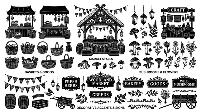Black and white market food icons.