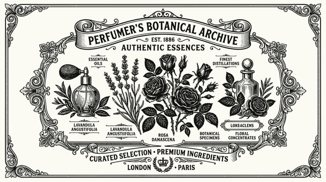 Vintage perfume bottle and flowers illustration.