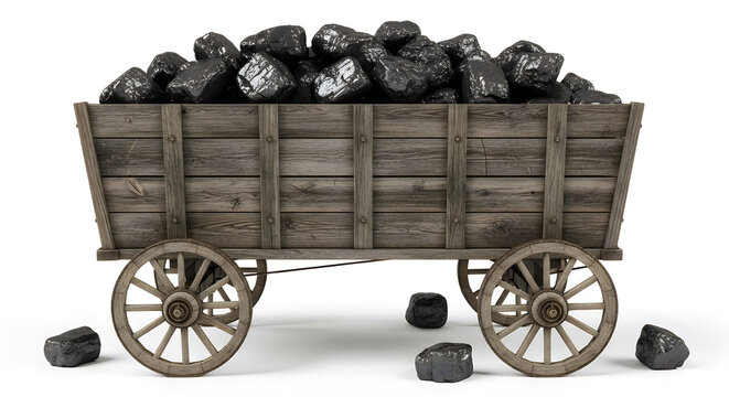 Wooden cart loaded with coal blocks on wheels isolated on white background