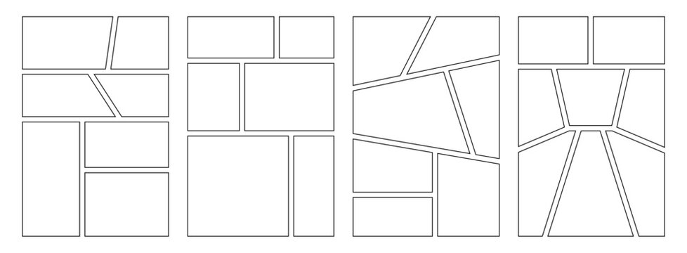 Collage grid manga book template with comic strip frame set. Collection of geometric panel layouts with rectangular, angled and radial boxes for comic book, manga pages, storyboard, webtoon design