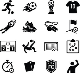 Obraz premium Soccer football glyph icon set featuring jersey players tactics board stadium scoreboard and tournament award trophy silhouettes