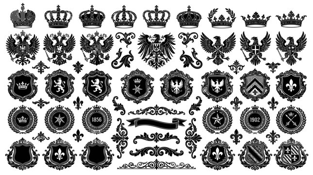 Collection of royal crests and crowns.