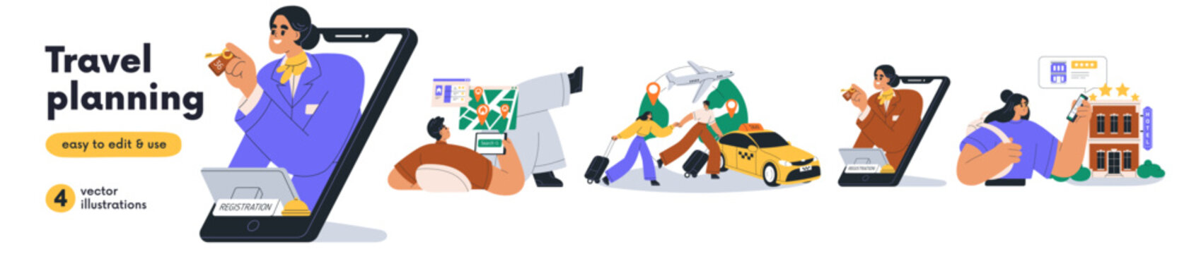 Travel planning, vacation trip services, tourism set. Online registration in hotel via phone, searching route, taxi, booking accommodation. Flat vector illustrations isolated on white background