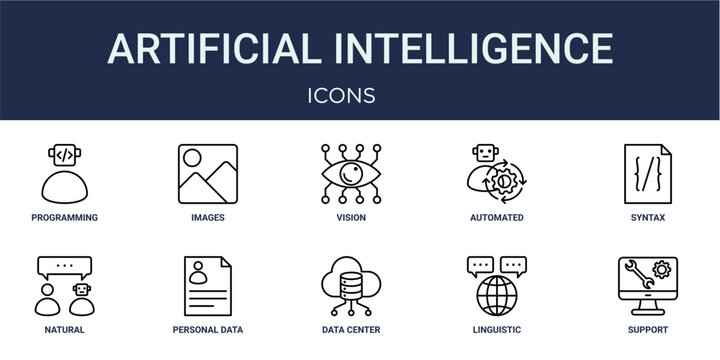 Set of 10 outline Artificial Intelligence icons for reports, landing pages and application screens. Editable stroke icon pack including programming, images, syntax, natural language processing and