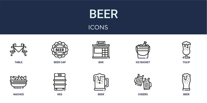Set of 10 outline Beer icons for reports, landing pages and application screens. Editable stroke icon pack including table, beer cap, tulip, nachos and beer.