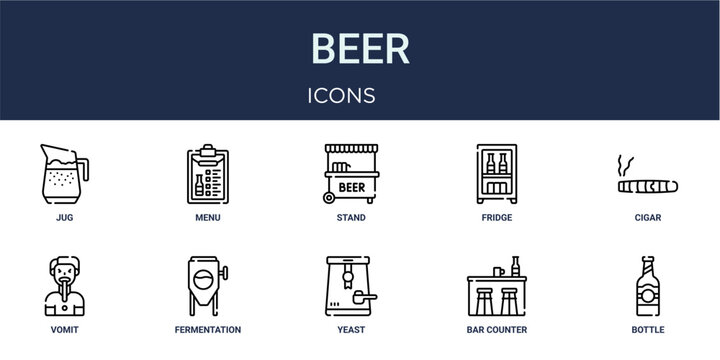 Set of 10 outline Beer icons for reports, landing pages and application screens. Editable stroke icon pack including jug, menu, cigar, vomit and bottle.