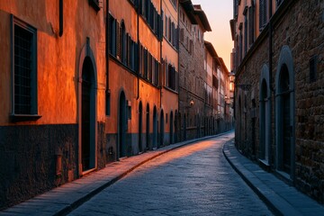 Fototapeta premium Serene Old Street in Florence, Italy at Dusk with Warm Sunset Glow