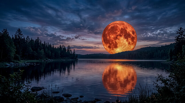 A stunning supermoon reflection on a calm lake surrounded by dense evergreen forest during twilight, evoking tranquility and natural beauty.