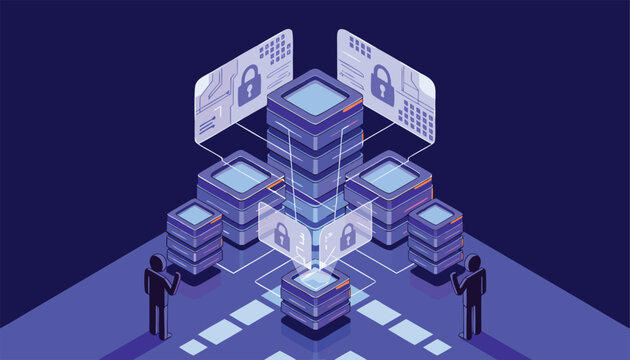 Isometric Cyber Security Database Server Network and Data Protection Vector