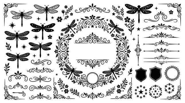 Black dragonflies and floral designs.