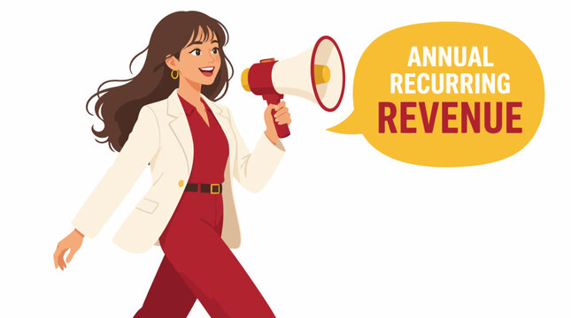 Businesswoman announcing annual recurring revenue with megaphone.