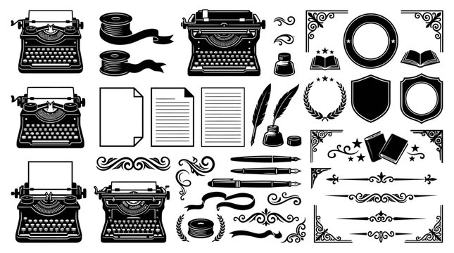 Vintage typewriters and writing accessories.