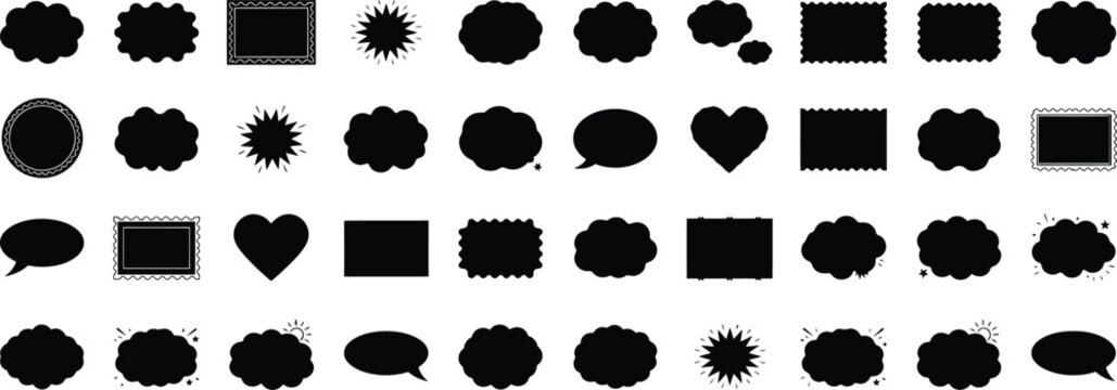 Collection of black speech bubbles thought bubbles starbursts and heart shapes