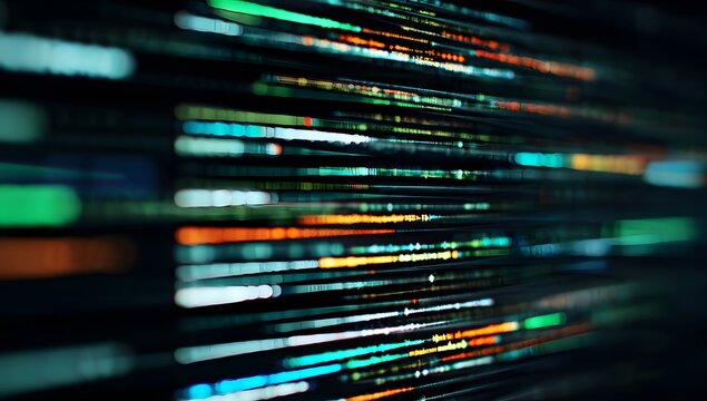 Arri&egrave;re-plan num&eacute;rique abstrait de serveurs informatiques avec des flux de donn&eacute;es lumineux, parfait pour les concepts de cybers&eacute;curit&eacute;, de big data, de cloud computing et comme fond technologique pou