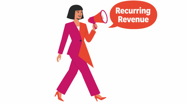 Businesswoman holding megaphone for recurring revenue announcement.