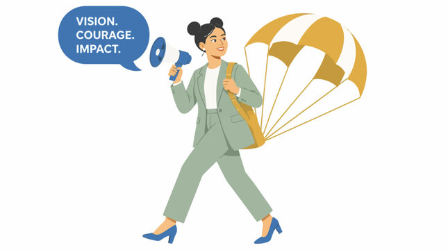 Confident woman with parachute and megaphone illustration.