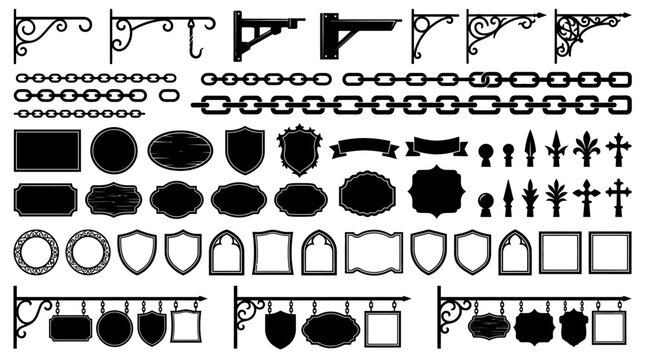 Various black shapes and symbols.