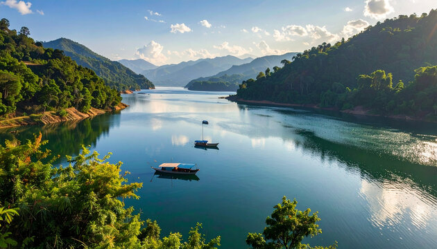 Scenic mountain lake landscape with lush hills and traditional boats