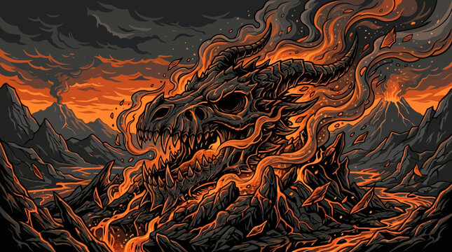 Infernal Dragon Skull Emerging From Molten Volcanic Landscape and Flowing Lava Streams