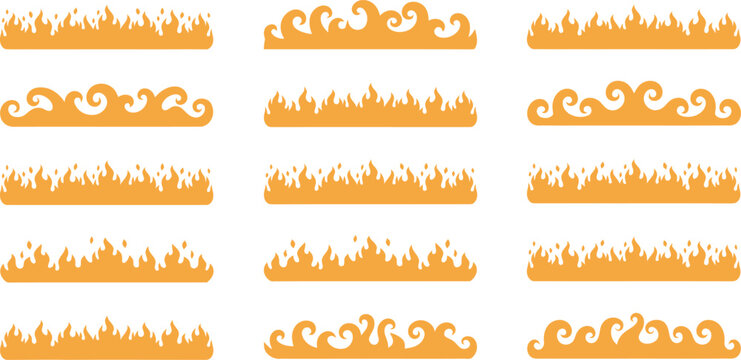 Collection of orange flame and wave border flame border fire border