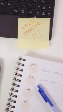 Office desk laptop, notepad, coffe and smartphone top view reveal