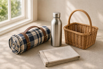 Fototapeta premium Picnic mat, basket and bottle