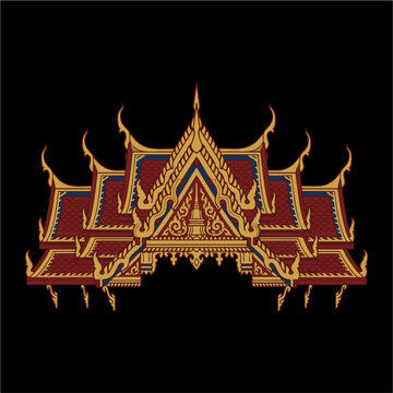 Intricate thai temple roof design with red and gold details
