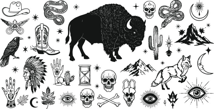 Western tattoo design set, bison, wolf, cowboy hat, snake, skulls, mountains, cactus, raven, mystical eye, vintage illustration