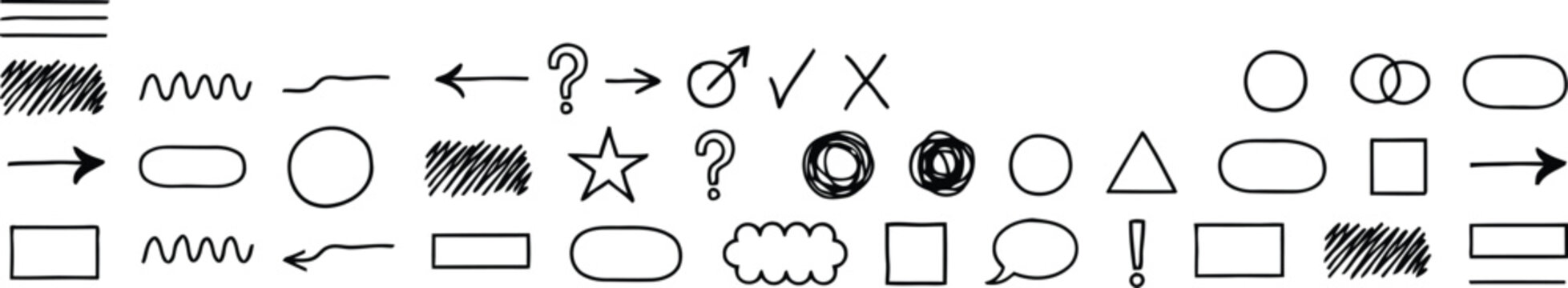 Hand drawn black shapes arrows and symbols  black and white