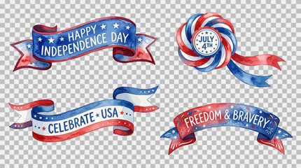 4th July, Independence day of America. Patriotic ribbons, Independence Day banners, USA celebration ribbons, red white blue freedom bravery labels Vector © MST