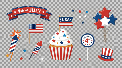 Fototapeta premium 4th July, Independence day of America. Patriotic 4th of July icons, American Independence Day symbols, red white blue star cupcake flags Vector