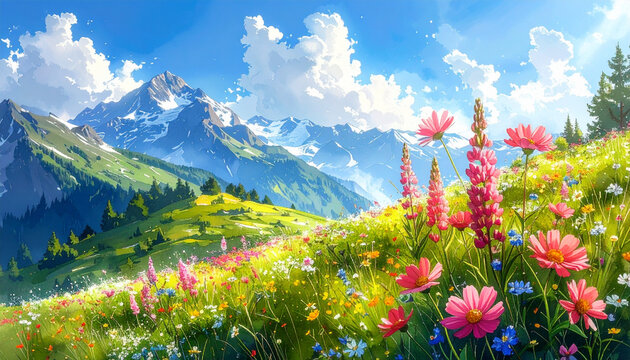 Vibrant summer mountain scenery with blooming wildflower field