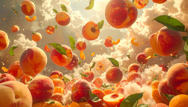 Surreal Floating Fresh Peaches in Bright Sunny Sky