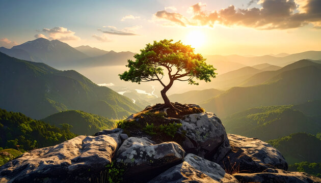 Lone Tree on Rocky Mountain Peak at Golden Sunrise